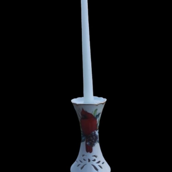Lenox Winter Greetings Cardinal theme pierced taper candle holder - Picture 2 of 16